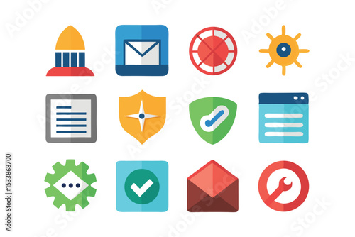 Colorful flat icon set of various digital and technical symbols for applications