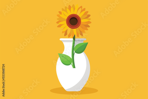 A beautiful yellow sunflower blooms in a vase, its petals bright against a blue or white background, perfect for a summer floral design card