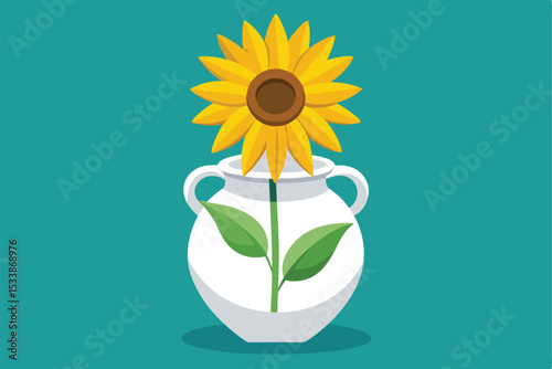 A beautiful yellow sunflower blooms in a vase, its petals bright against a blue or white background, perfect for a summer floral design card