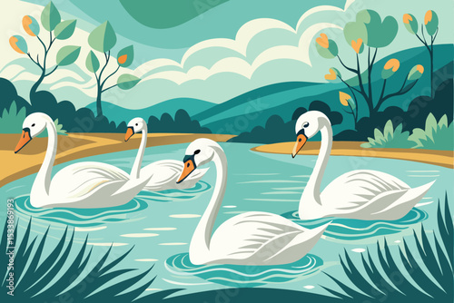 Graceful white swans and pink flamingos swim in the blue lake and sea, reflecting beautiful wildlife