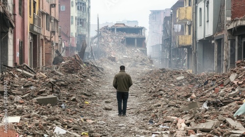 Person walks through rubble-strewn street, destroyed buildings.