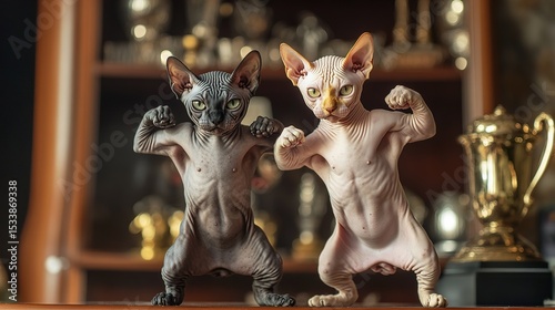 A pair of jacked cats one Sphynx one Scottish Fold.