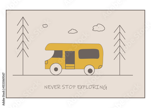 A doodle style illustration on the theme of camping. A motorhome travelling through the forest. tourism and recreation. Yellow bus Vector illustration