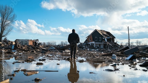 Person observes debris field, damaged houses, flooded land.
