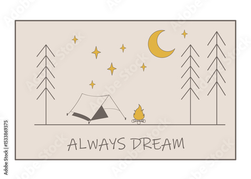 Doodle-style illustration on the theme of camping. Tent and campfire in the forest. tourism and recreation. outdoor recreation Vector illustration