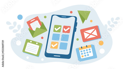 Illustration of a mobile phone with checklist, calendar, and email icons around it