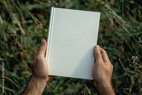 Vibrant Picture of Male Hands Holding Book Cover Blank Hardcover Mockup in Nature