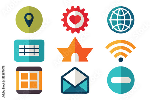 Nine modern flat style icons representing various concepts and applications