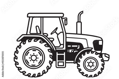 A black and white vector shows a tractor in side view, outlined in bold black lines to emphasize strength, structure, and agricultural purpose.

