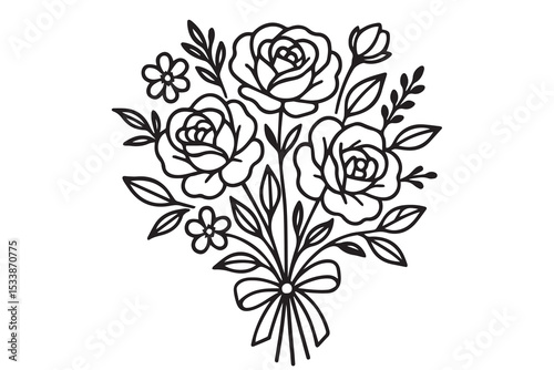 A black and white vector shows a flower bouquet, outlined in bold black lines to emphasize elegance, natural beauty, and delicate floral design.

