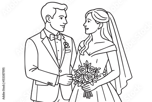 A groom and bride are illustrated in black and white, their outfits outlined clearly in bold lines to symbolize unity, beauty, and celebration.

