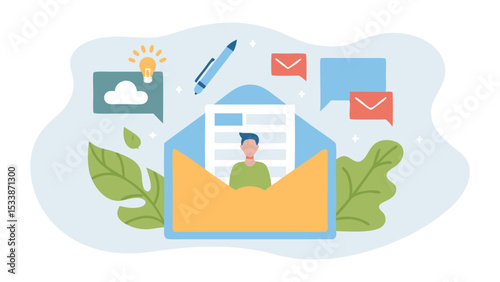 Illustration of an open envelope with a person inside surrounded by leaves and messages