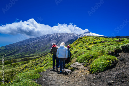 Hikers on Mount Etna Against a Dramatic Landscape