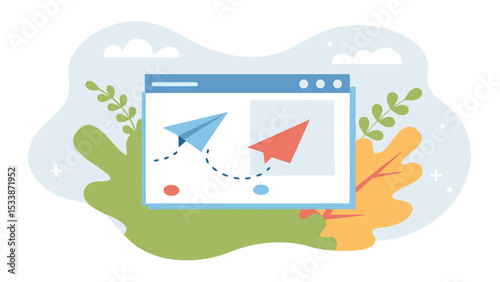 Paper planes flying in a window display with dotted lines on a background of leaves and clouds