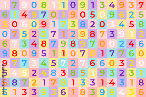 All Math Numbers 0-9 digits colorful seamless vector Mosaic Pattern, educational design for children, kids, kindergarten wallpapers, back to school, studying Math classes lessons, playroom, classroom