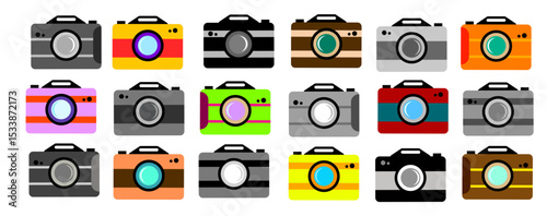 This icon set features cameras in various styles, and is suitable for representing photography, videography, or memories. Available in colorful, line art, or plain styles, there is also black and whit