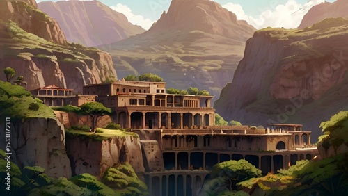 ゲーム背景　乾いた赤い岩山の崖の上にある古代文明神殿