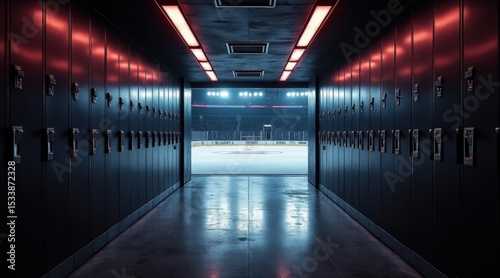 A tunnel lined with lockers leads to a brightly lit ice hockey rink, highlighting the contrast between the dark corridor and the illuminated playing area.