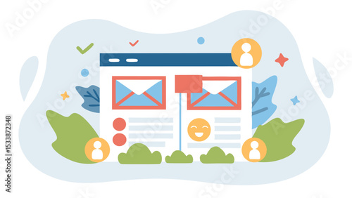 Website interface displaying email messages with user icons and decorative elements around it