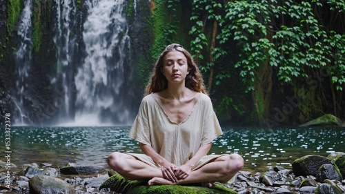 Young woman meditating by a tranquil waterfall in a lush natural setting, sitting cross-legged on moss-covered stones. Eyes closed, embracing calmness and inner peace amidst the serene environment.