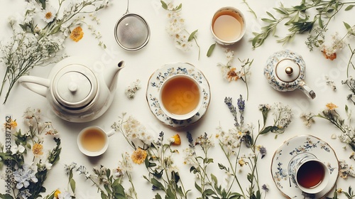 Elegant tea party setup teapots tea strainers and dainty porcelain cups classic English garden vibe no labelling no logo no human