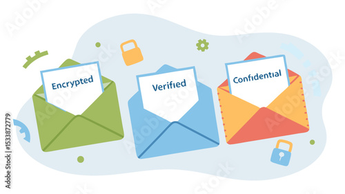 Three envelopes with encrypted verified and confidential messages in a secure email illustration
