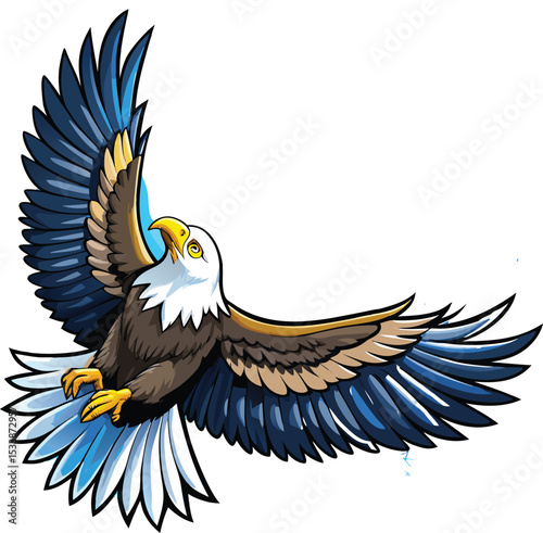 A powerful bald eagle in flight, wings spread, symbolizes freedom and wildlife in nature