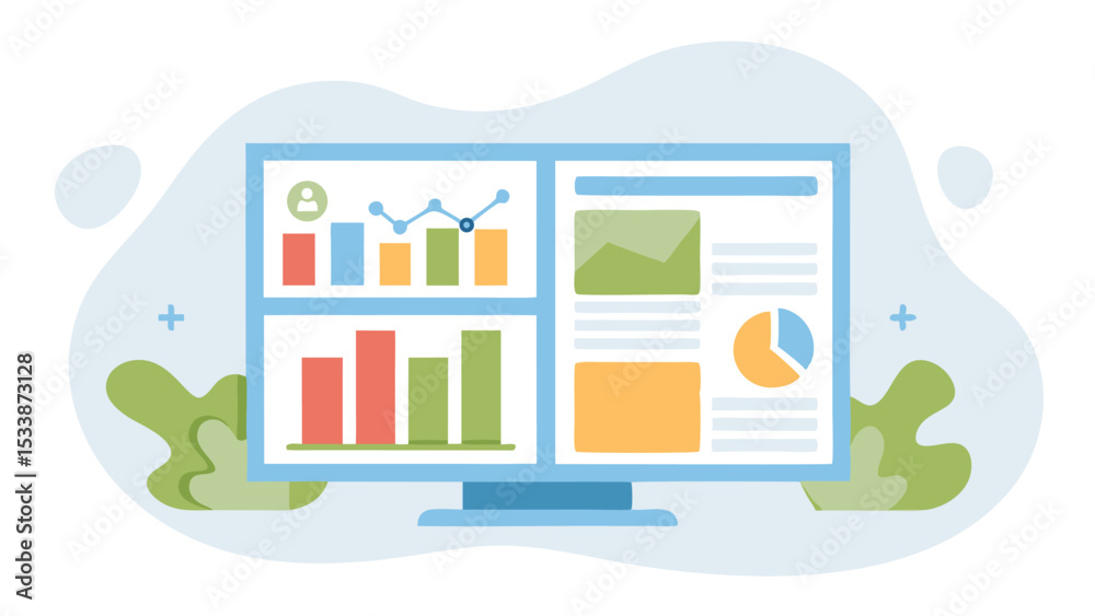 Fototapeta premium Illustration of a computer monitor displaying various charts and graphs for data analysis and reporting