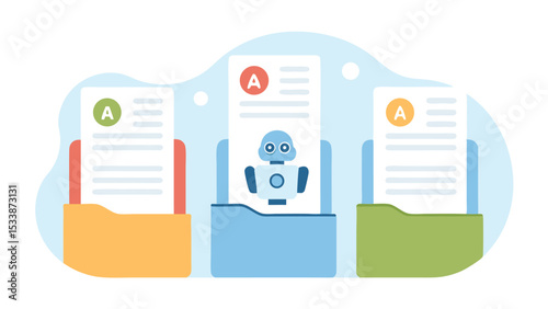 Three folders each containing a document with a grade and a robot in the middle folder