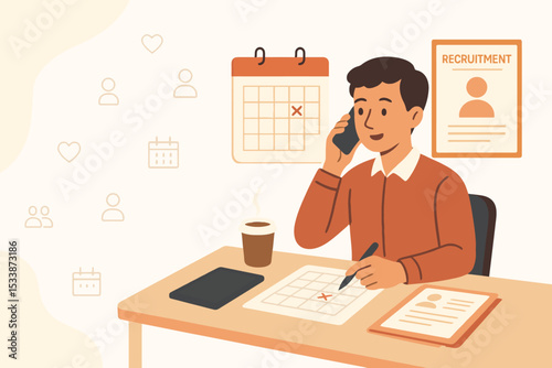 HR manager coordinating recruitment process via phone with calendar and hiring documents, white background composition