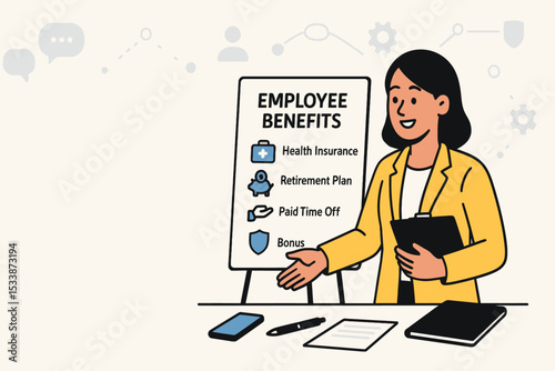HR manager giving benefits presentation with visual chart and files, ideal for HR training and onboarding content