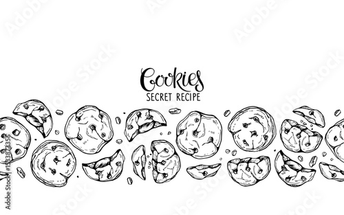 Seamless Cookies Pattern With Cookies secret recipe lettering. Crispy cookies with chocolate drops border. Freehand drawn Biscuit chocolate chip cookies in line art style for cafe, cookbook, bakery
