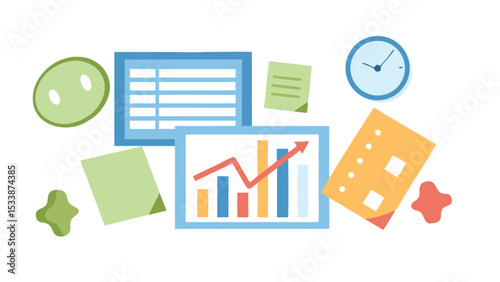 Illustration of a spreadsheet, graph with arrow, clock, and sticky notes on a white background