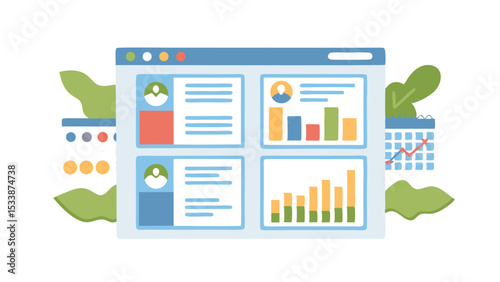 Dashboard interface with user profiles, charts, calendar and foliage elements shown clearly