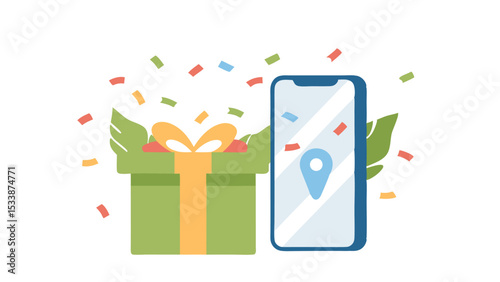 Green gift box with a yellow bow and a smartphone with location pin surrounded by confetti design