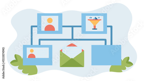 Illustration of a flowchart with profile, funnel, envelope and blank boxes connected by lines