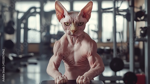 A muscular Sphynx cat flexing its massive biceps showing.