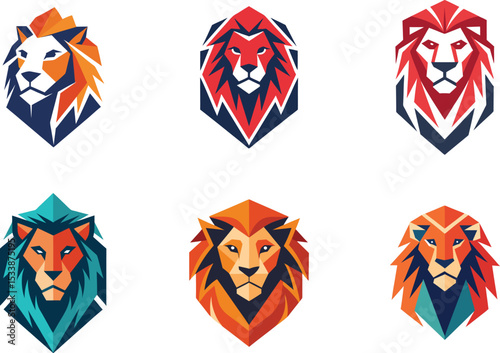 Six Geometric Lion Head Designs Perfect for Branding Logos and Mascots featuring vibrant colors and sharp lines
