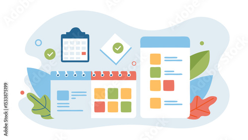 Illustration of multiple calendars with different styles and a checklist app view for planning