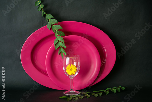 Image of a pink dinner set against dark background shot in window light. Set contains an oval plate, round plate and curry leaf