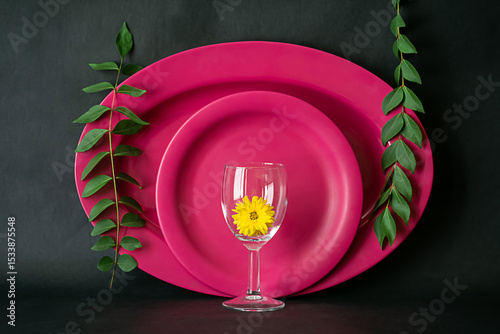 Image of a dinner set against dark background shot in window light. Pink Set of oval plates and curry leaves along with yellow flower decoration. 