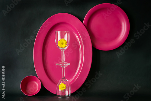 Image of a pink dinner set against dark background shot in window light. Set of three objects and reflected wine glasses with yellow flower in them.