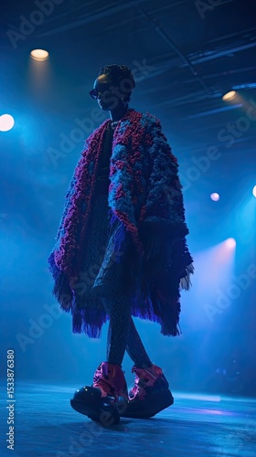 Model poses, blue lighting, textured cloak, chunky footwear.