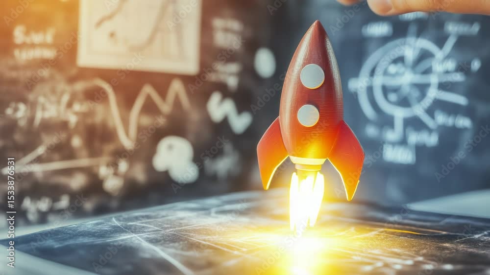 Toy Rocket Launching with Flame on Blueprint Table Against Blackboard