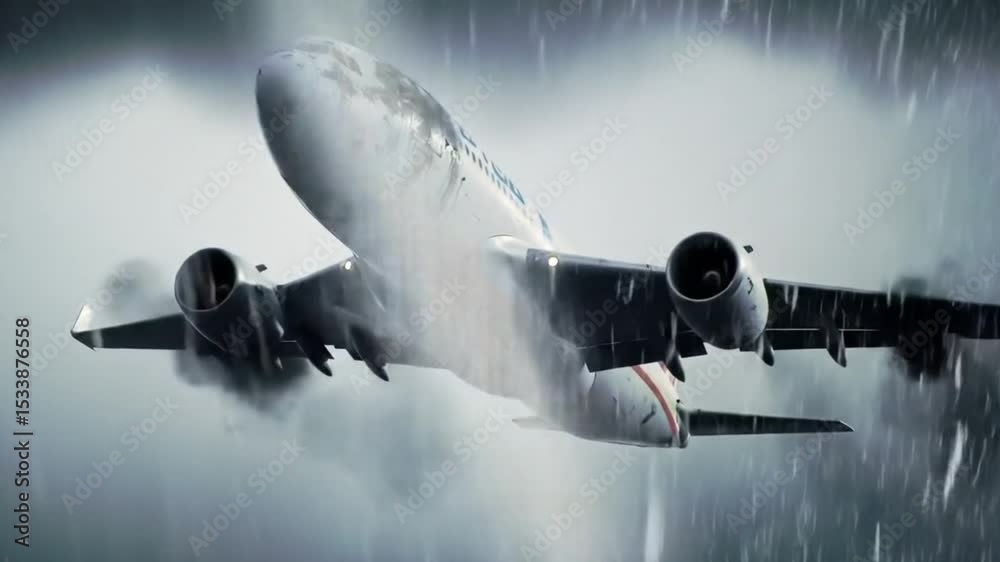 Airplane crash scene, damaged Airbus A330200 in heavy rain wreckage. Suitable for news articles, documentaries, safety training materials.