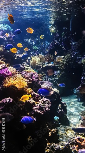 Underwater scene: vibrant fish, coral reef, sunlight.