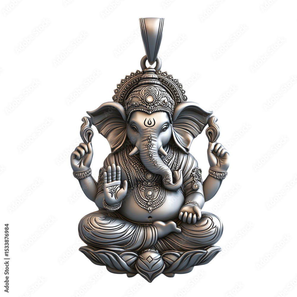 Fototapeta premium Intricately Detailed 3D Render of a Silver Lord Ganesha Pendant with Traditional Hindu Motifs and Elegant Religious Symbolism