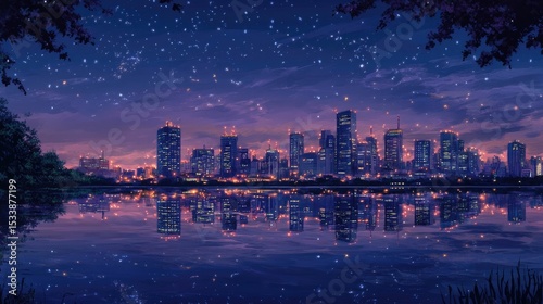 Night city skyline reflected in calm water, starry sky.