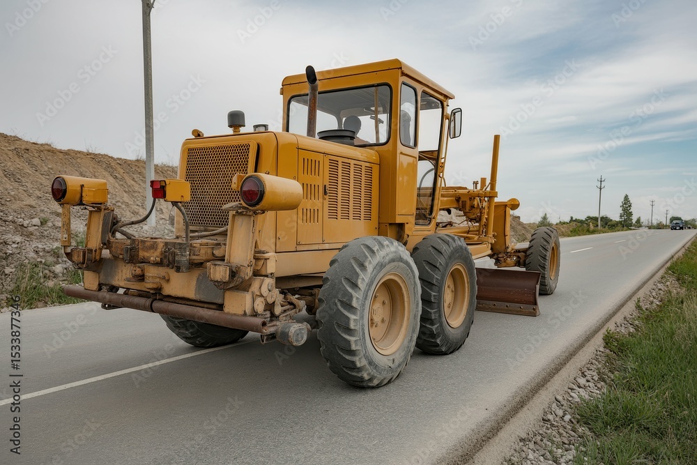 Old yellow motor grader on the road view from rear at construction site Old yellow motor grader on the road view from rear at construction site