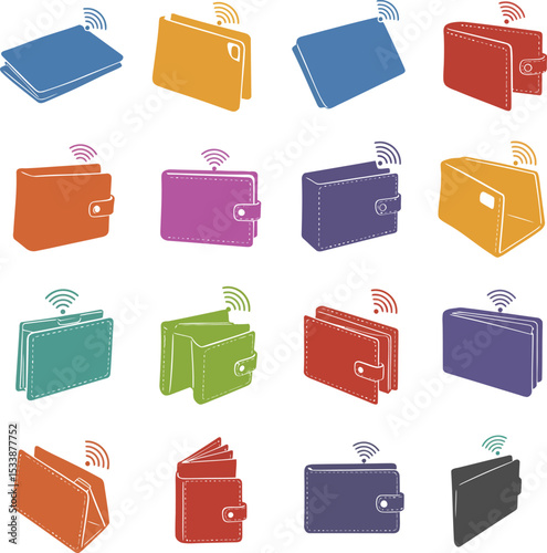 RFID Wallet and Contactless Payment Vector Illustration Set – Secure Digital Transaction Icons, Modern Money Protection, Wireless Technology Graphic Collection.